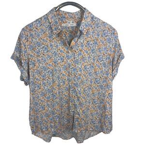 Samsoe & Samsoe Blue Yellow Floral Apricot Blossom Majan Button Up Top L Viscose